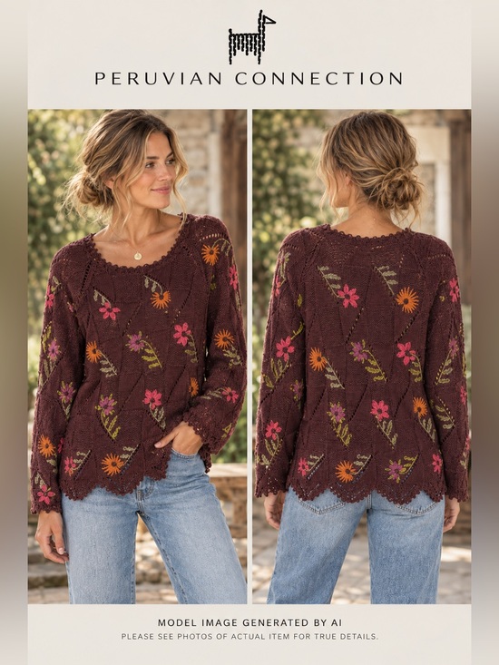 Peruvian Connection Sweaters - Peruvian Connection L Embroidered Pima Cotton Open Knit Floral Sweater Boho Art